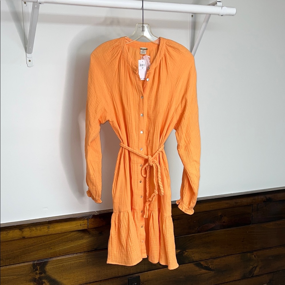 NWT Magaschoni Vibrant Orange‎ Long Sleeve Dress with Braided Belt- S
